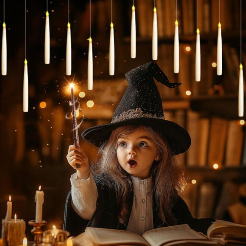 une petite sorcière mignonne envoie sa baguette magique télécommander chaque bougie flottante au plafond de sa bibliothèque de sorcellerie
