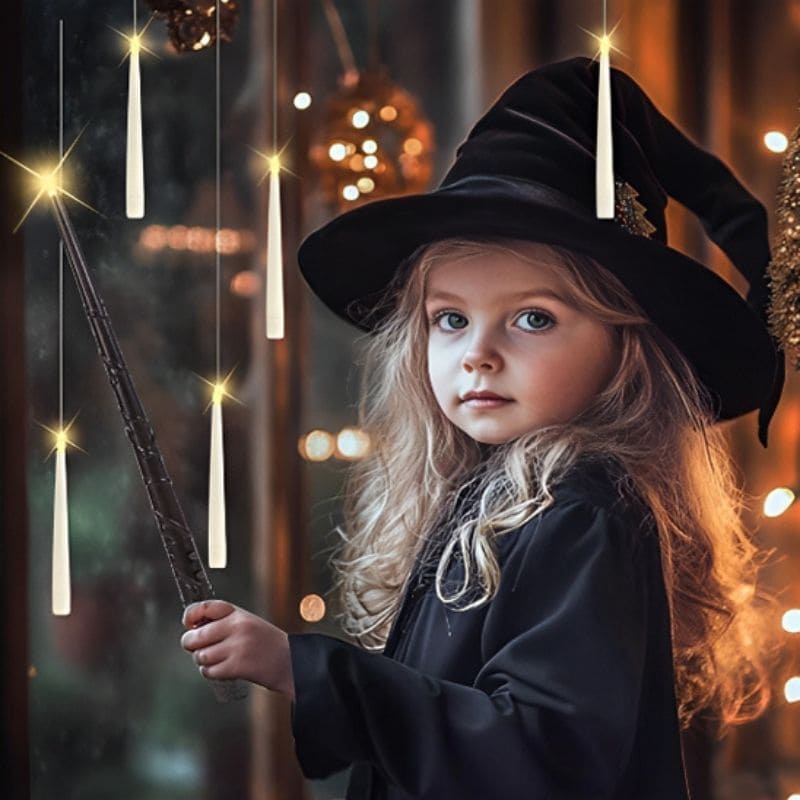 petit fille déguisée en sorcière tient sa baguette magique qui contrôle les bougie flottante au plafond