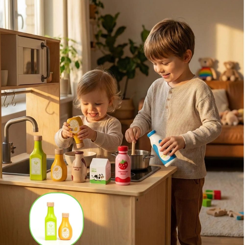 dinette en bois pour jeu d'imitation bouteilles de nourriture huile et miel jouets en bois de collection