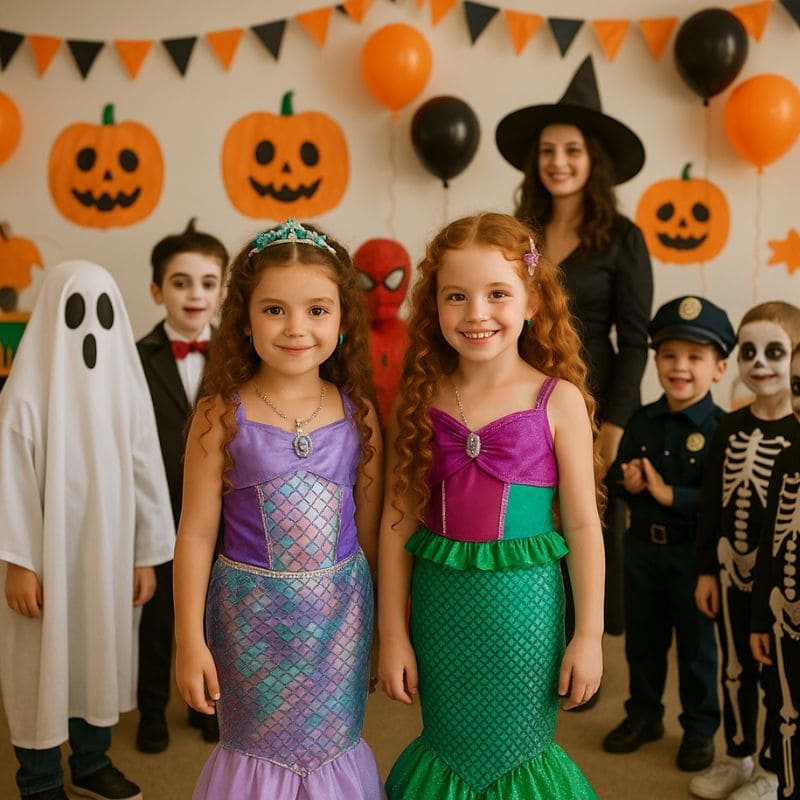2 filles de 6 ans à Halloween, à l' école portent le déguisement sirène coloré 2 robe de princesse des mers magnifique
