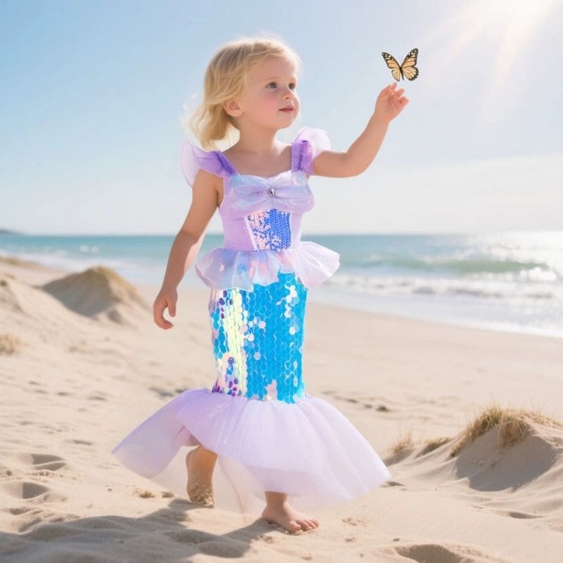 Magnifique fillette blondinette porte un déguisement sirene lumineux aux paillettes argentées qui refletent le soleil de toute beauté