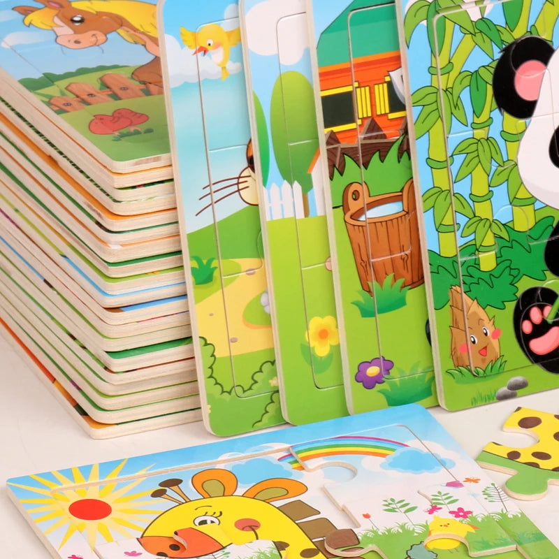 Puzzle en bois pour enfants, 12/9 pièces, véhicule de dessin animé, animaux, apprentissage, jouets éducatifs, cadeau pour enfants, offre spéciale