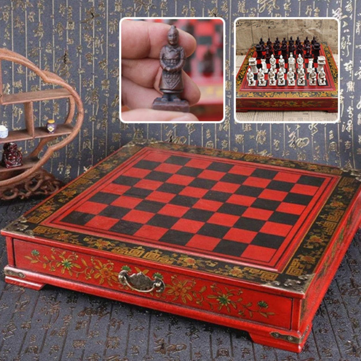 sur la table en coin un jkeu d'échec en bois artisanal de couleur rouge et noir brodé de filet doré magnifique