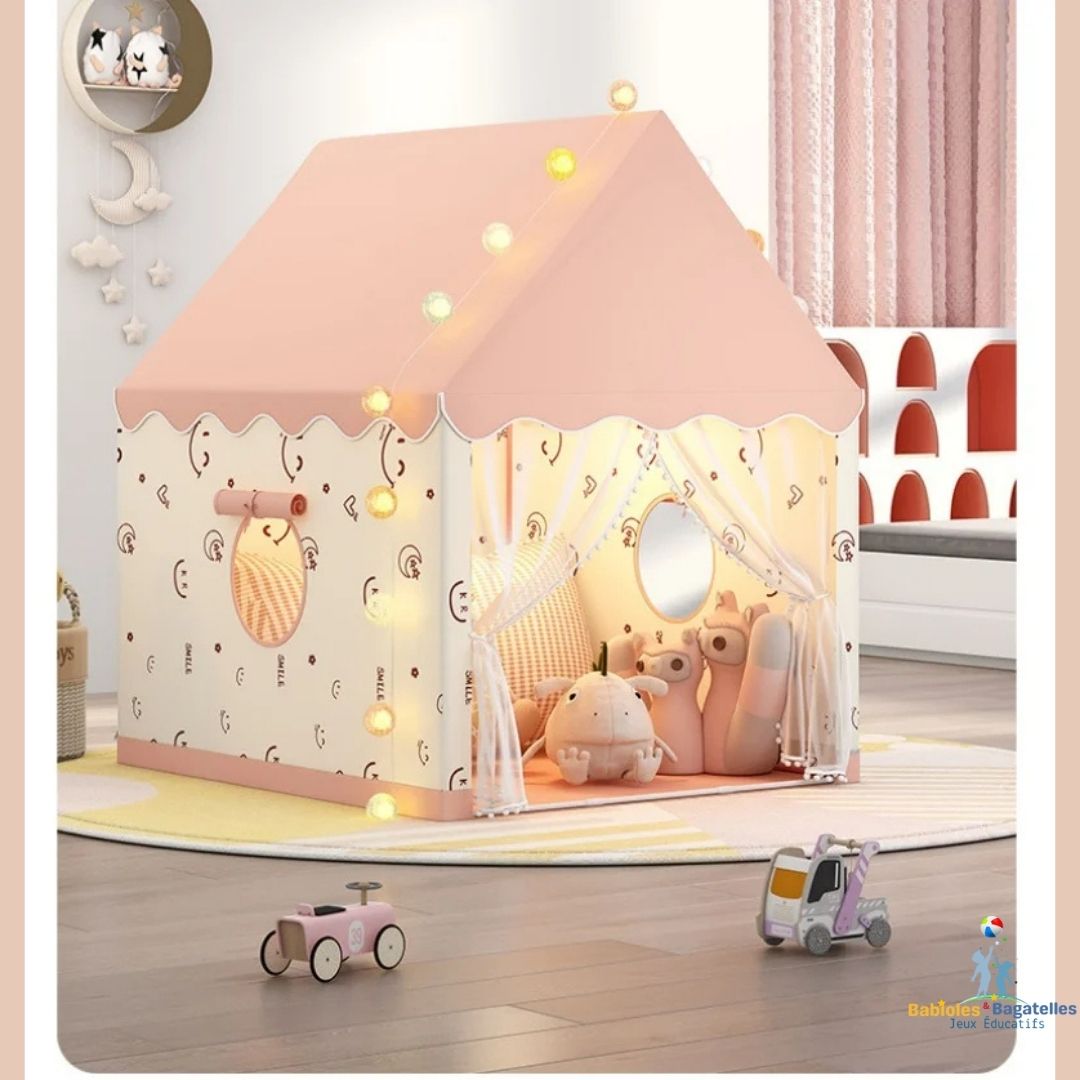 Maisonnette-enfant-transportable-lavable-rose-et-crème-