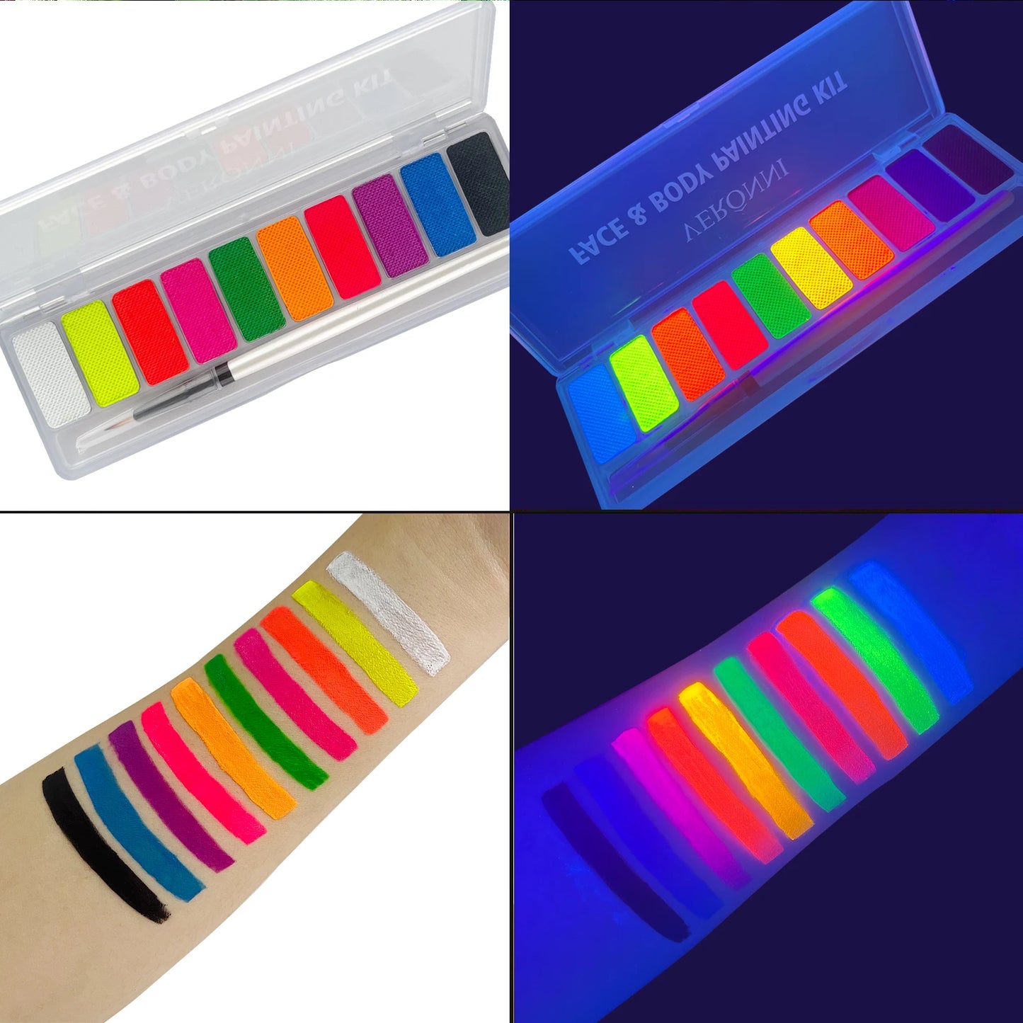 Maquillage Halloween de couleur brillante palettes avec couleur fluorescente qui ressortent dans le noir sous les spot lite