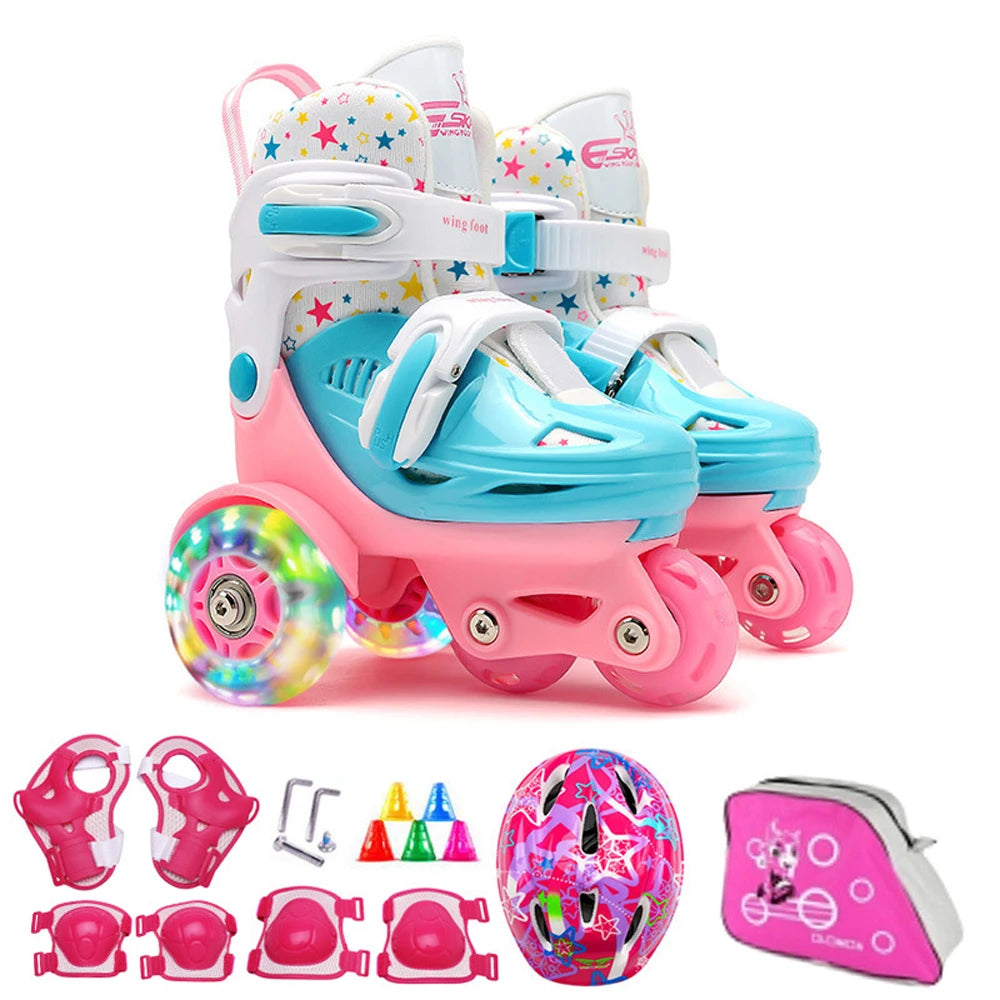 Roller-Enfant-skate-d-apprentissage-bleu-rose-lumineux-ajustable-sécuritaire