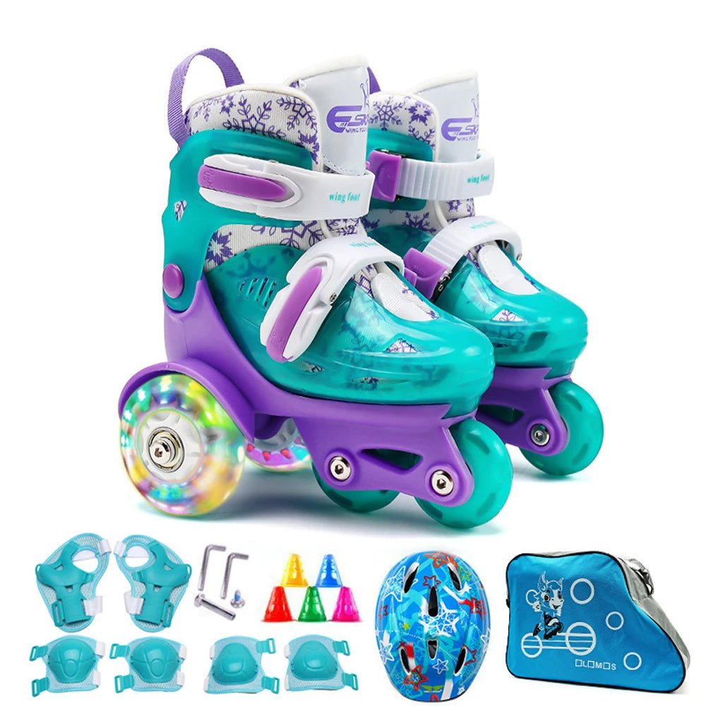 Roller-Enfant-skate-d-apprentissage-mauve-vert-3-roues-lumineux-ajustable-sécuritaire