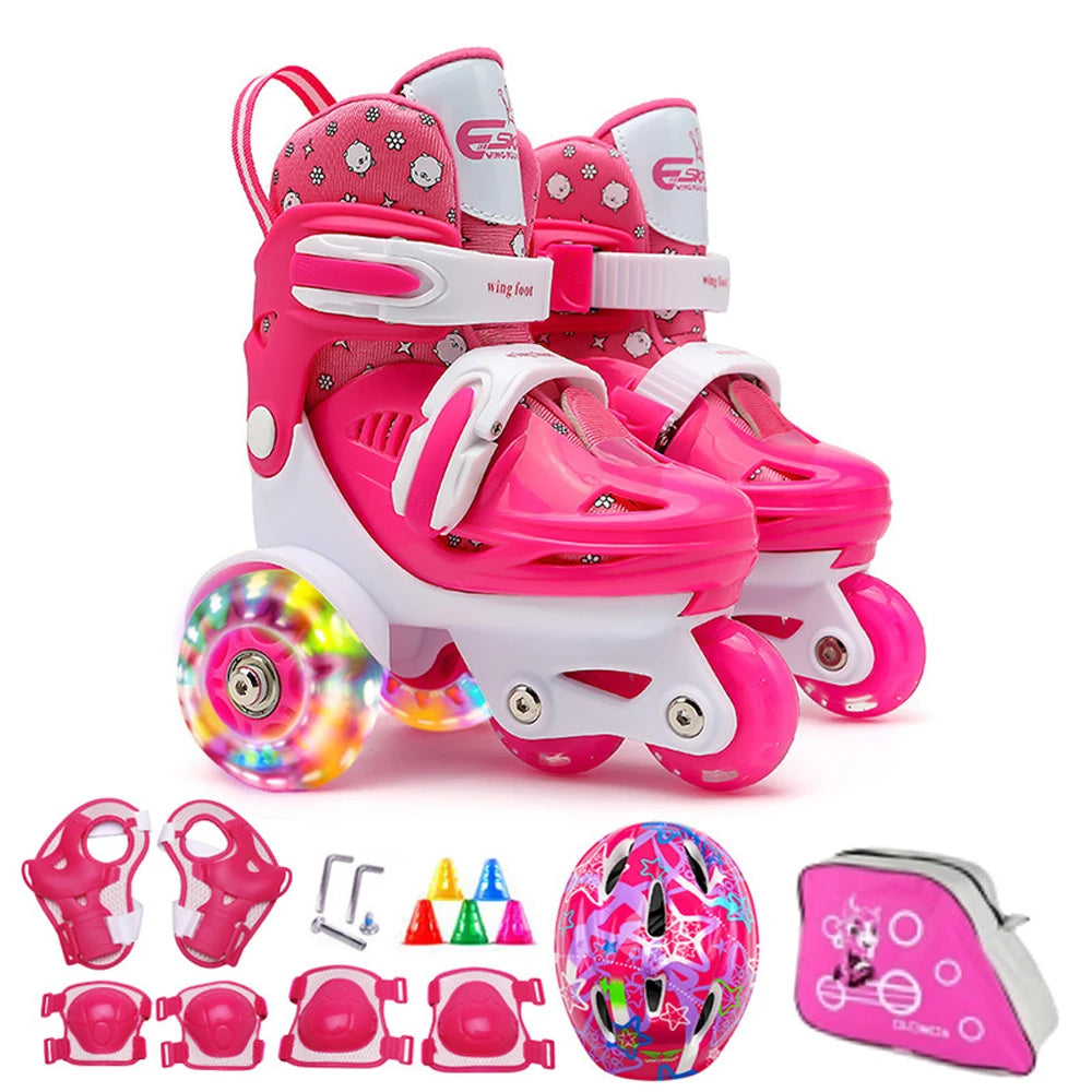 Roller-Enfant-skate-d-apprentissage-rouge-rose-lumineux-ajustable-sécuritaire