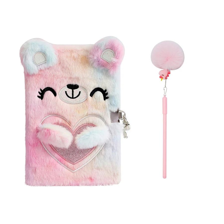 Cute Cartoon Plush Love Bear Lockable Notebook Ballpoint Pen Stationery Set, Student School Learning Supplies Kids Reward Gifts