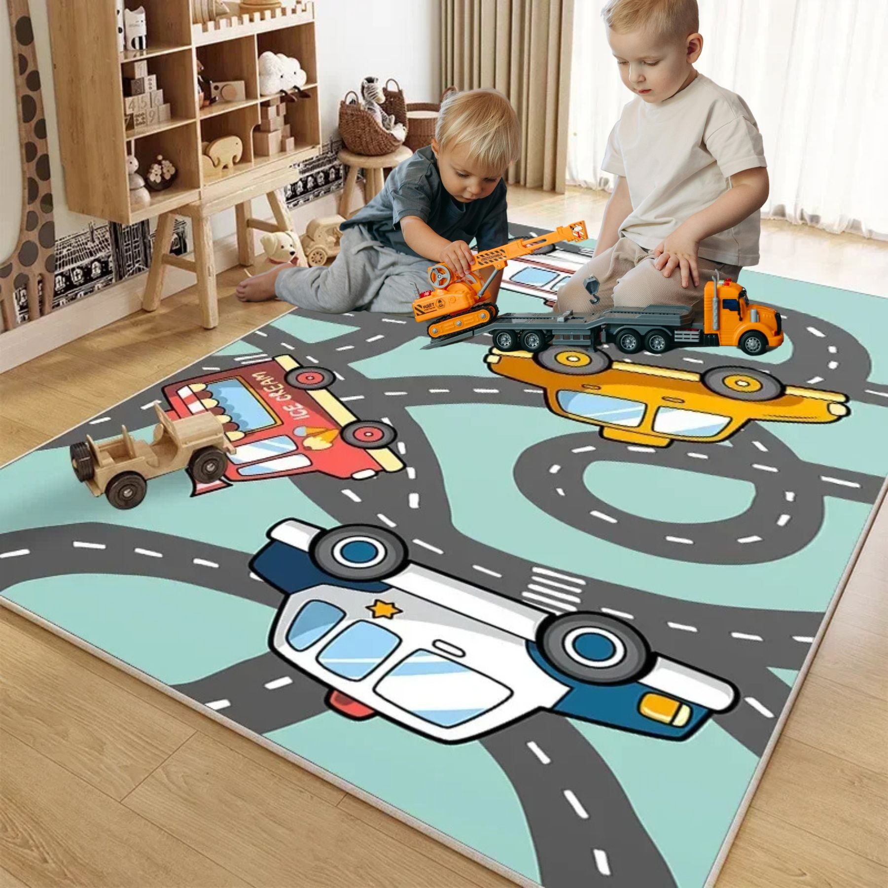 TT Home Tapis Jeu Chambre Enfant Turquoise 80x150cm - Motif Forêt Et Voiture