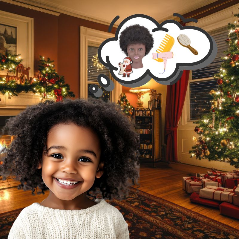 une charmante fillette espère jour et nuit de recevoir la tete a coiffer afro en cadeau de Noël cette année