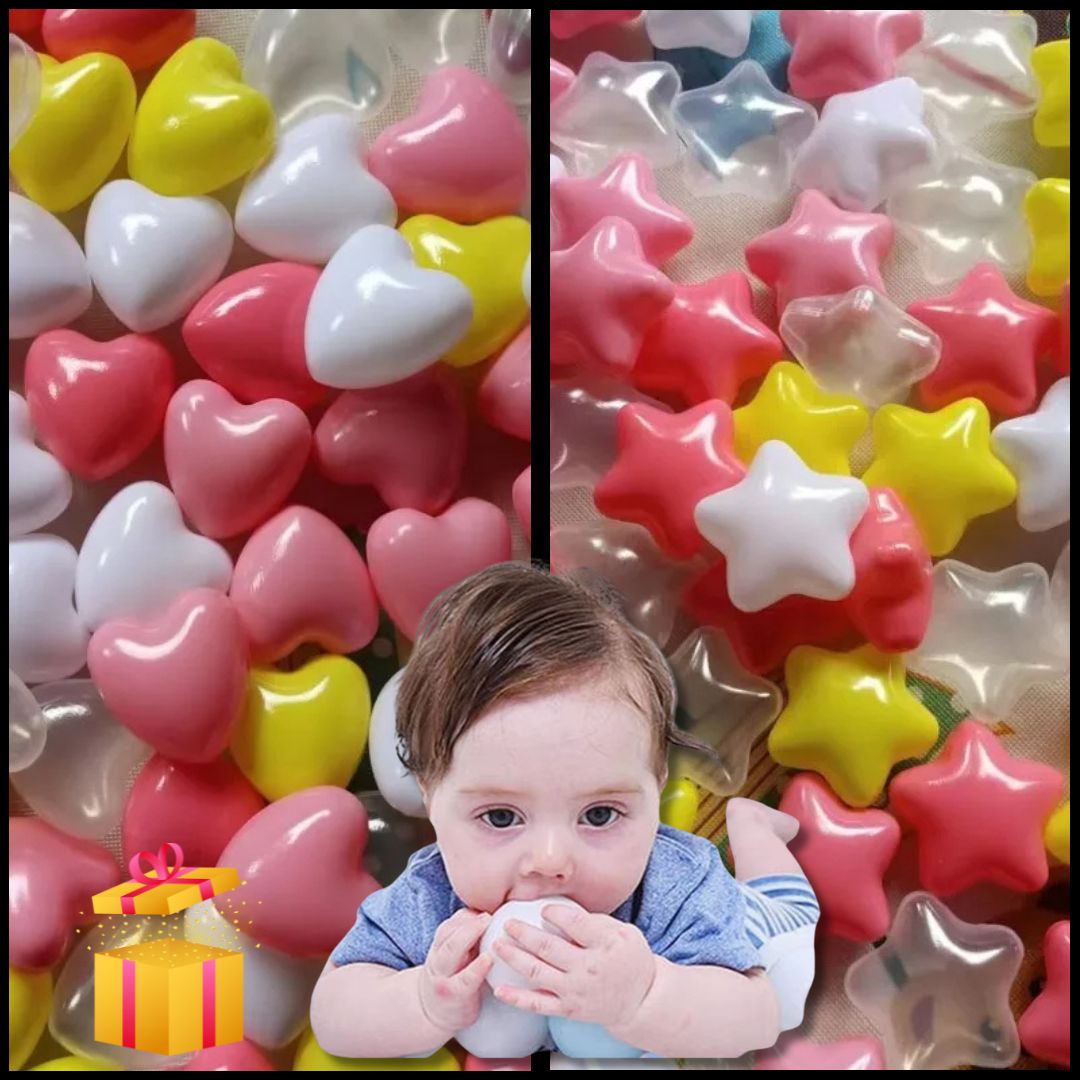 Balles pour piscine coeurs et étoiles rose, jaune, blanche