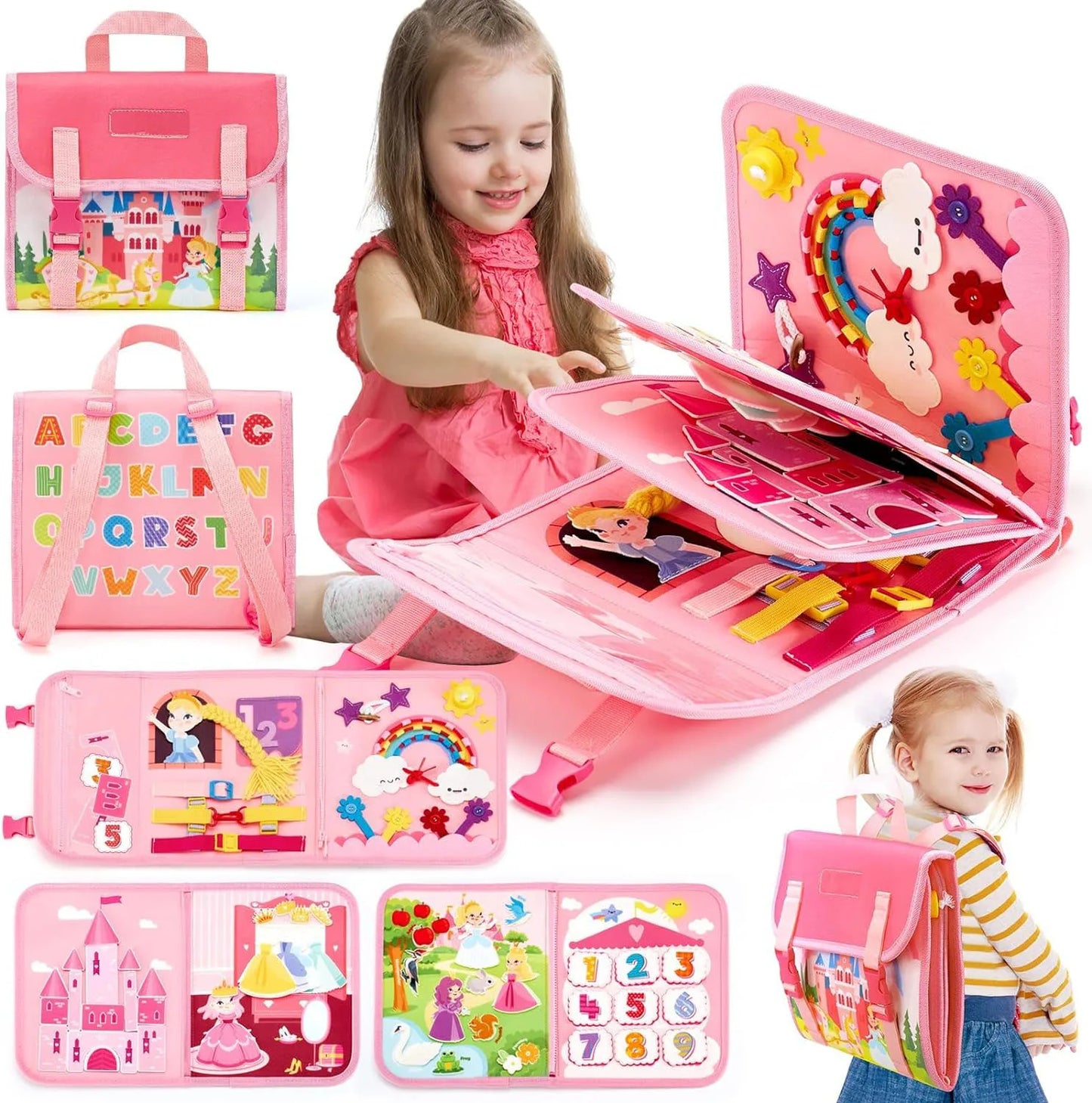 une fillette joue dans busyboard rose portatif en modèle de sac à dos apprendre busy book quiet book