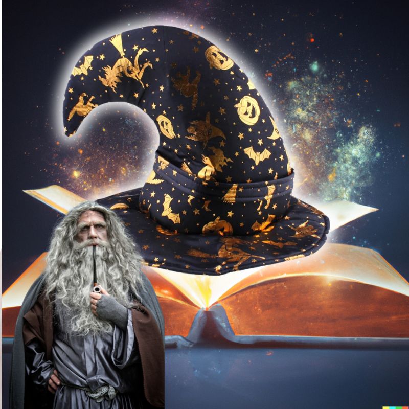 chapeau de sorcière ou de sorcier style Merlin Enchanteur bleu avec motif doré