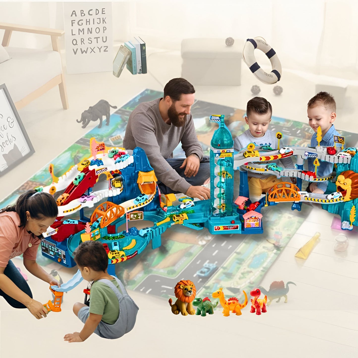 assemblez ensemble les deux jeu de circuit voiture enfant de la montage du lion et de la montagne du dinotyranno et amusez vous des heures durant