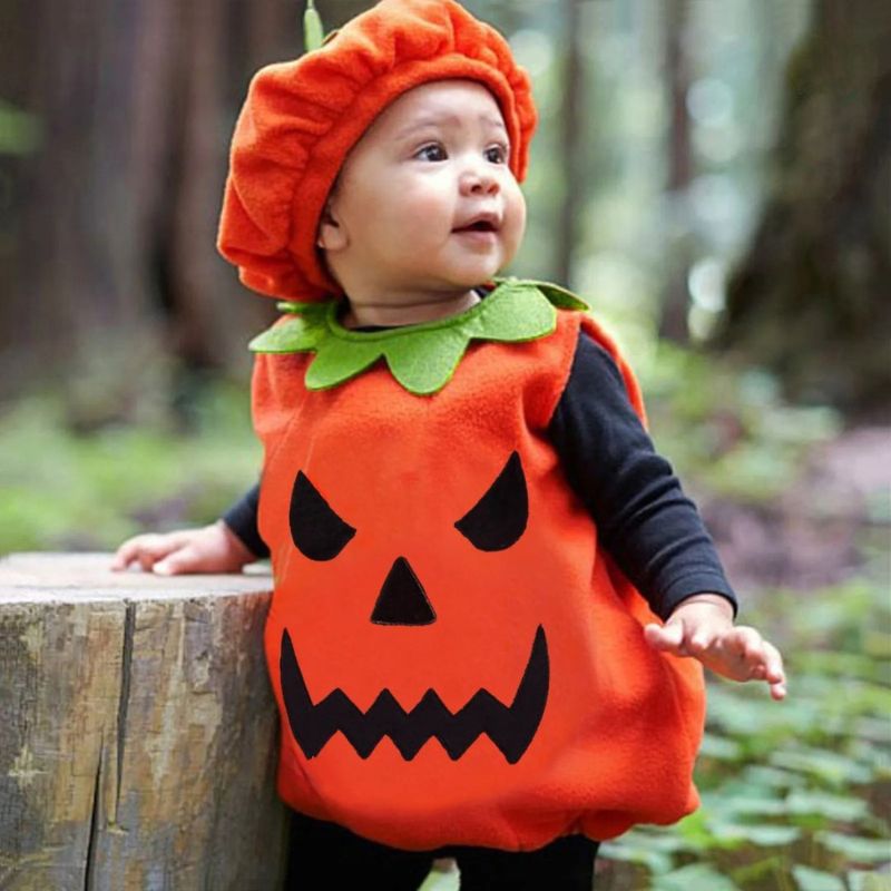 déguisement Halloween enfant citrouille 3 morceaux chapeau couvre corps et pantoufle