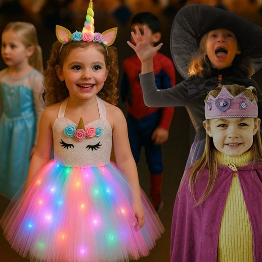 déguisement halloween fille de princesse licorne lumineuse avec lumières LED pour Halloween.