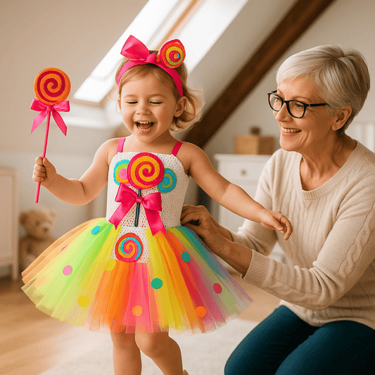 Grande-mère offre la robe Candy-Girls à sa petite-fille : un déguisement fille parfait pour le jeu créatif, Halloween et les fêtes d'enfants.