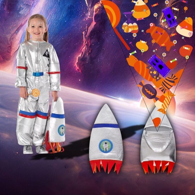 fillesur une planète avec son deguisement d astronaute à ses côtés le super sac en tissus pour collecte de bonbons en forme de fusée très original