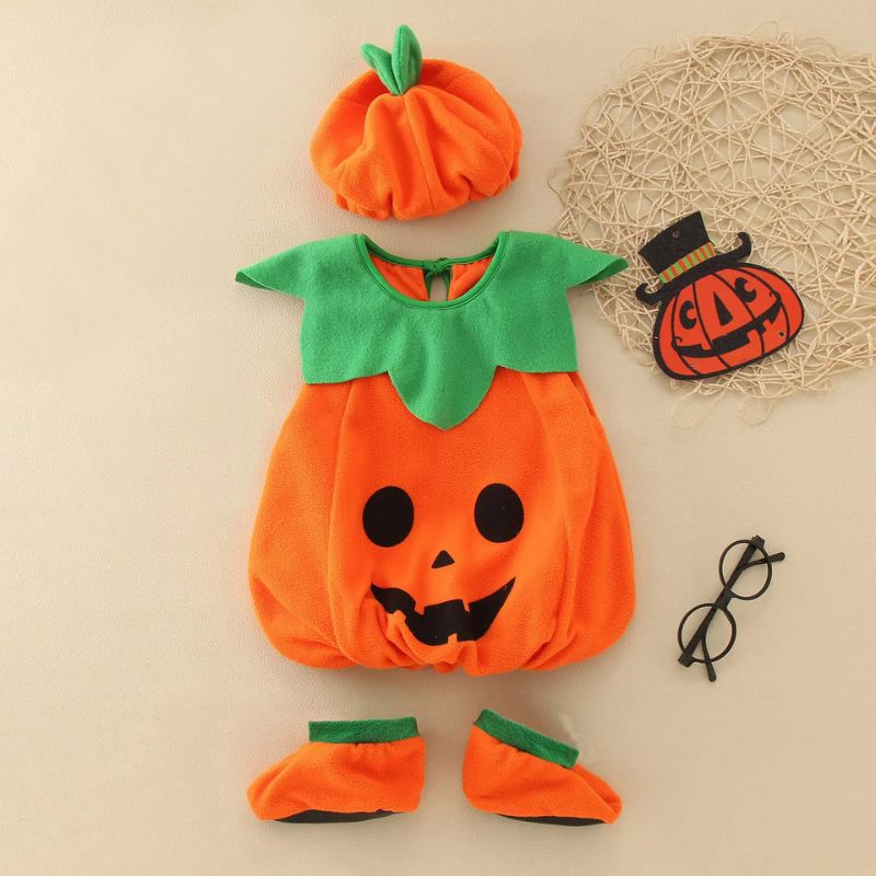 deguisement Halloween bébé 3 pièces chapeau pédoncule, corps de citrouille et pantoufle antidérapante