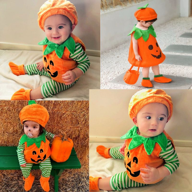 4 bébés portant le deguisement Halloween bébé de citrouille confortable et douce