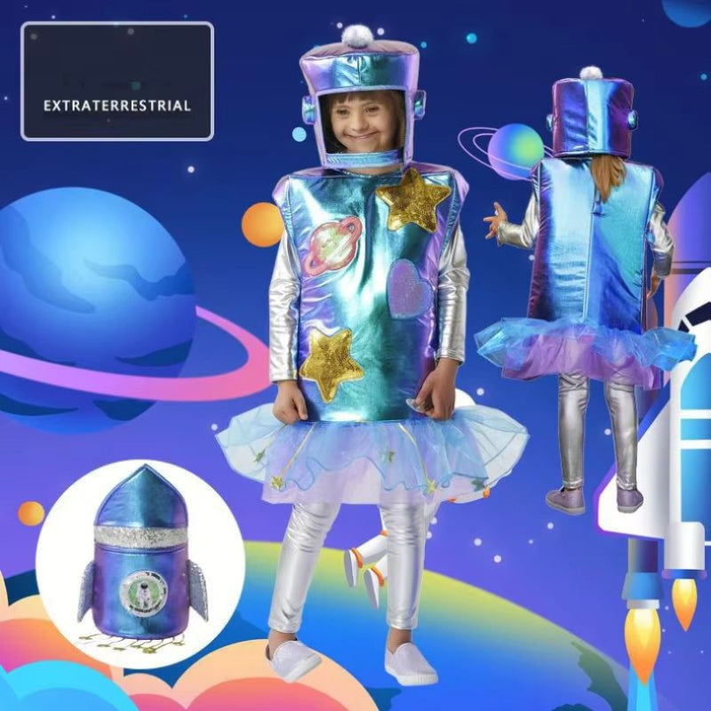 Magnifique déguisement Halloween Enfant métalique de robot extra terrestre coloré avec sac de bonbons fusée