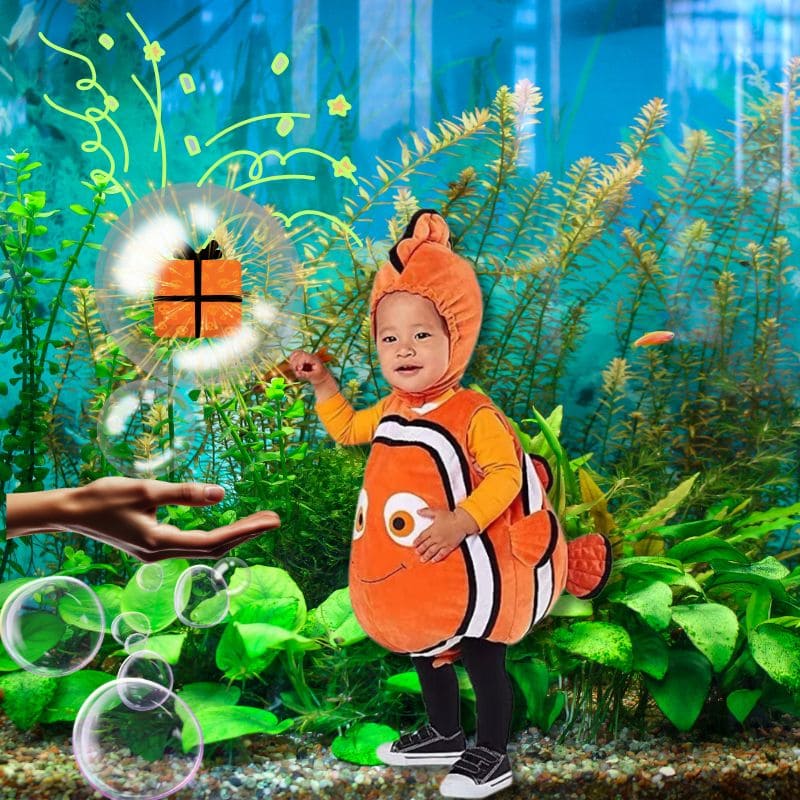un enfant de 2 ans porte un déguisement poisson rouge comme Némo et recoit un cadeau surprise