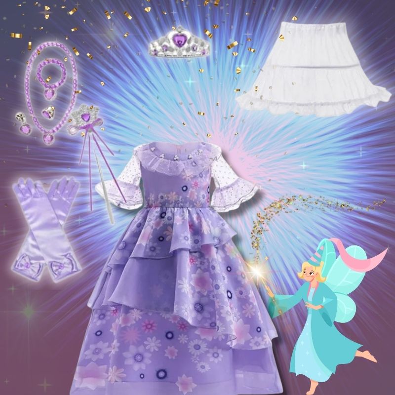 Déguisement de princesse violet avec fleurs, bijoux inclus et jupon crinoline gratuit !