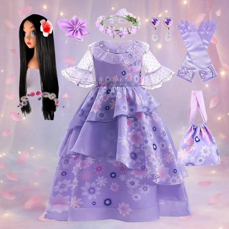deguisement-princesse-enfant-imitation-ISABELLA-perruque-cheveux-longs-noire-fleurs-cheveux-gants-satin-bijoux-bourse
