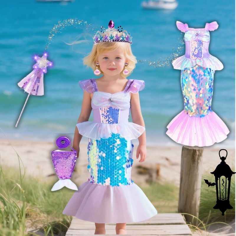 Charmante jeune fille porte déguisement sirene argenté lustré et brillant à souhait avec tous les accessoires d'une reine de beauté