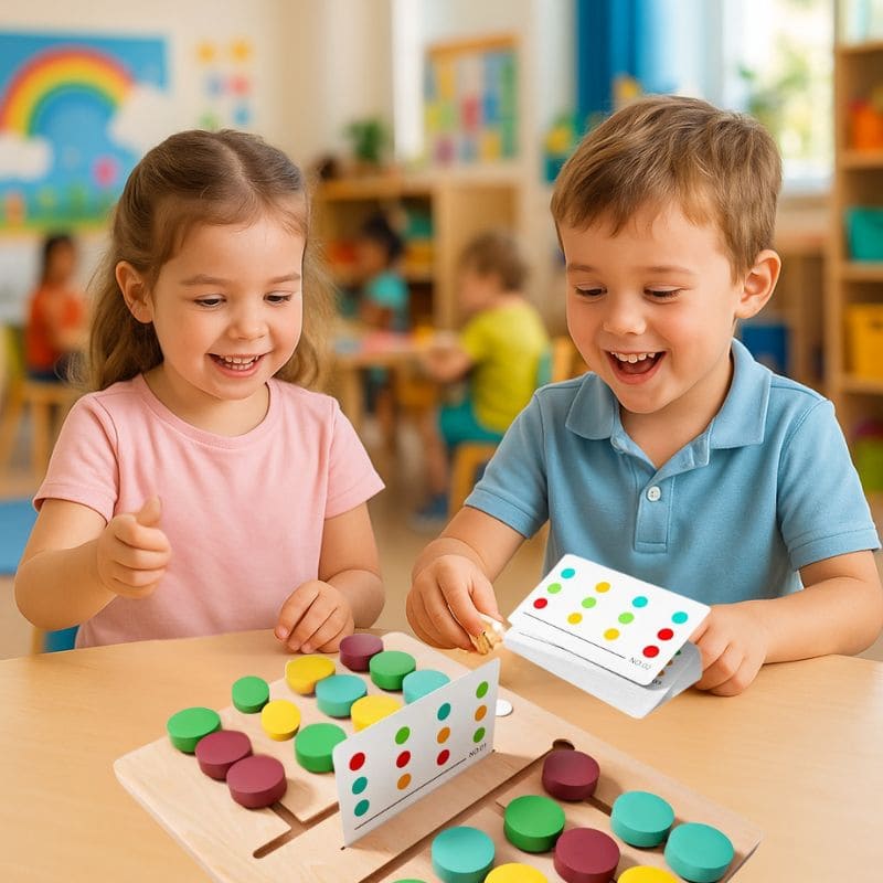 2 enfants, élèves de maternelle se sont installé au jeu de logique à 2 joueurs ils ont beaucoup de plaisir