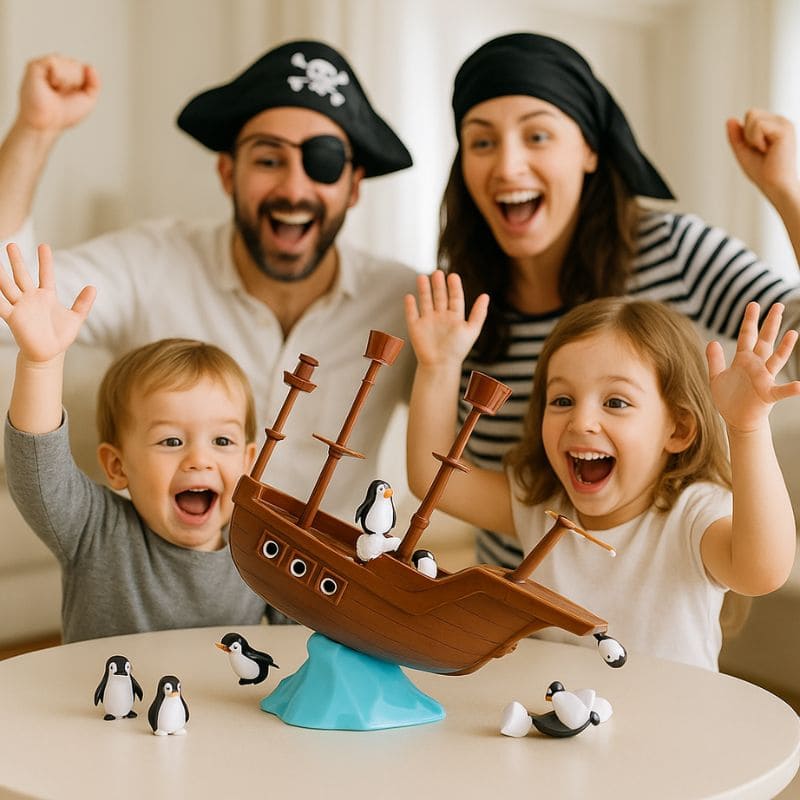 une famille jouent ensemble au jeu de société 3 ans du Bateau Pirate rempli de pingouin en équilibre