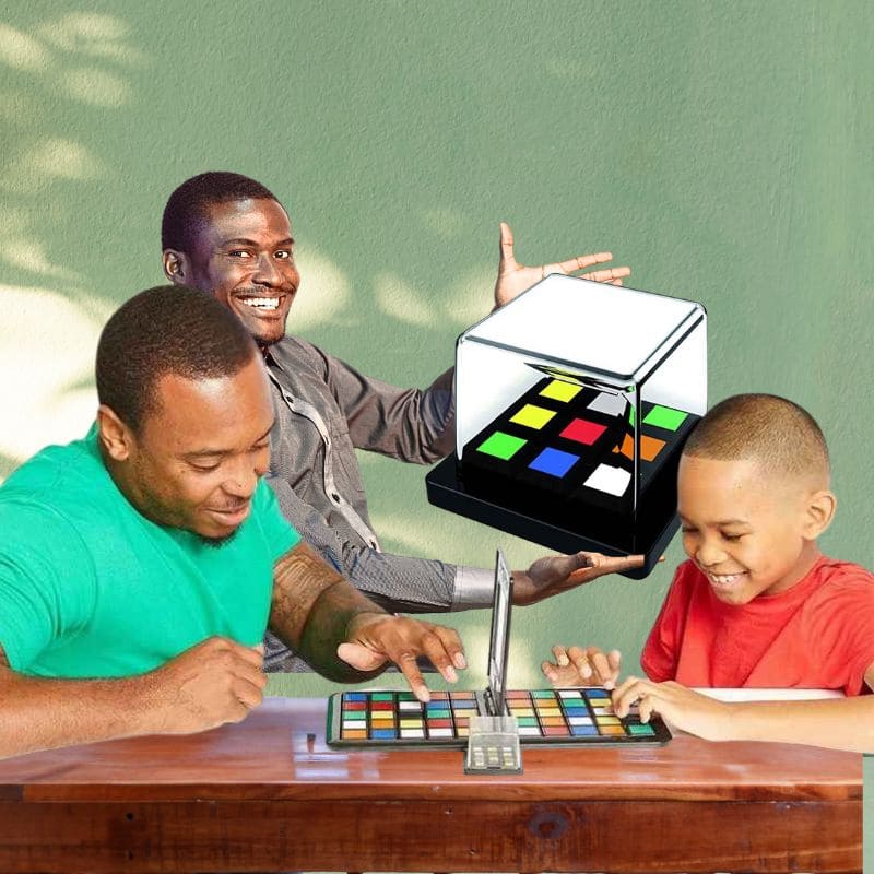 un père joue avec son fils à un jeu de société à 2 de puzzle carré magique de compétition