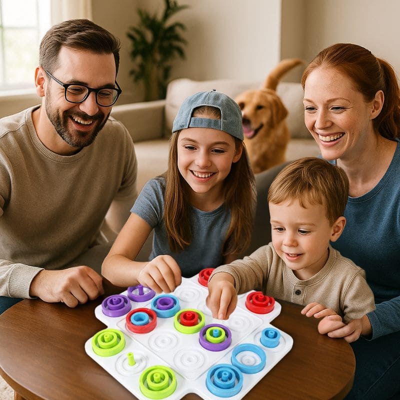 une famille de 4 joue à leur nouveau jeu de stratégie familale dans le plus grand bonheur