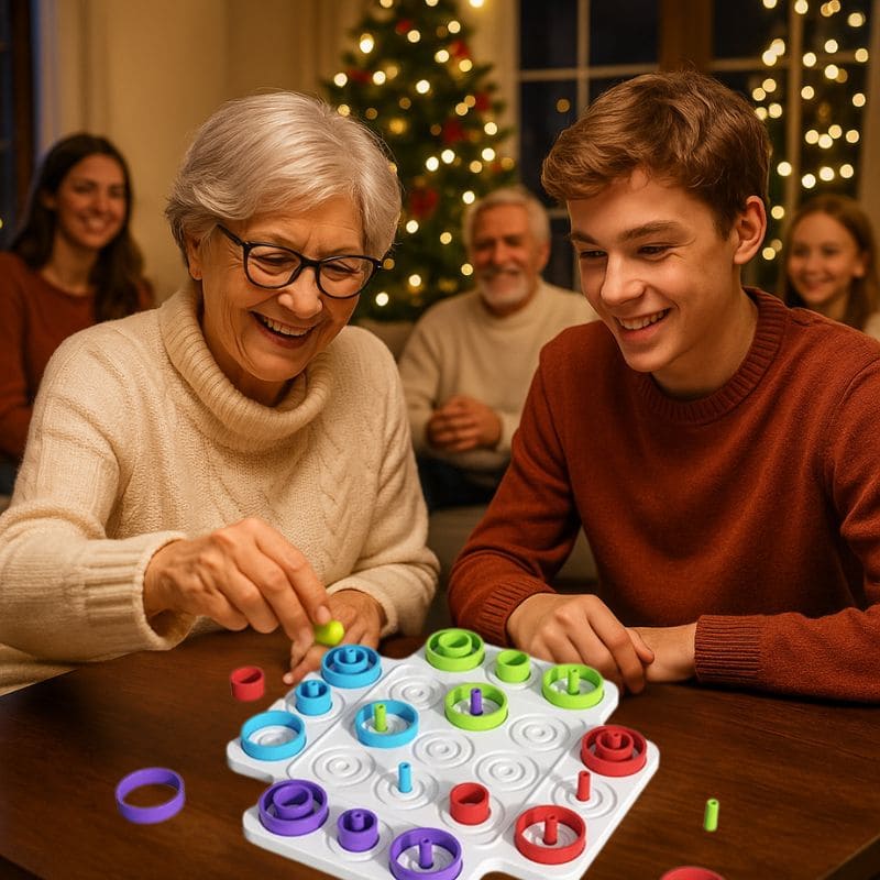 une grandmère joue au jeu de logique avec son petit fils de 14 ans un soir de Noël