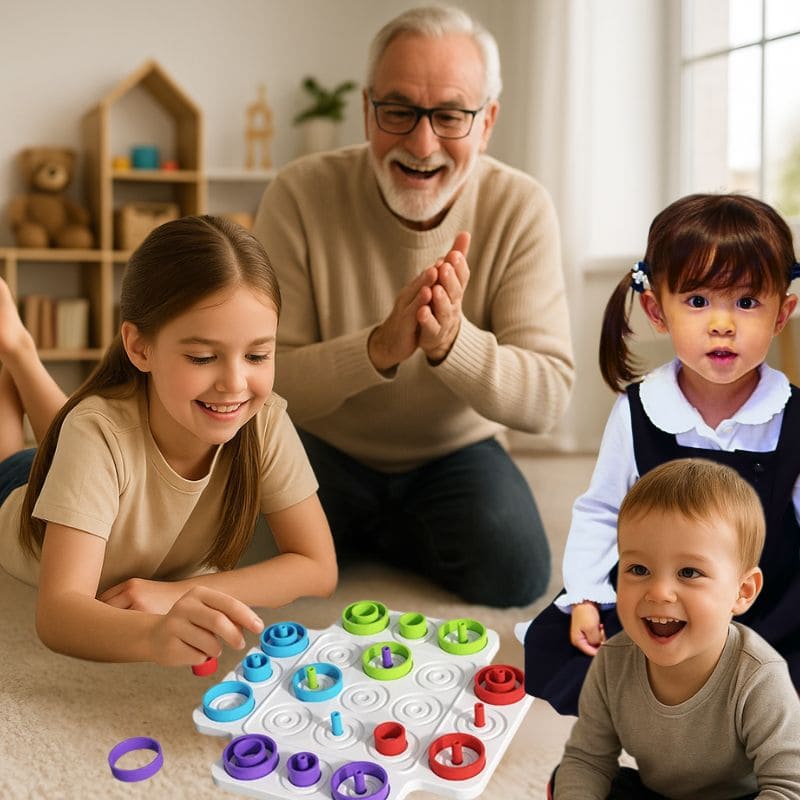 un grand-père montre à ses petits enfants comment jouer au jeu de stratégie à 4ans et 7ans
