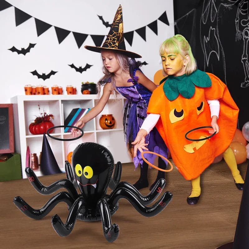 Jeux d'Halloween avec grosse araignée et anneau à lancer selon les pointage dans chaque patte