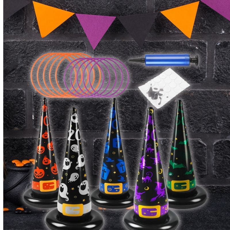 jeux d'halloween de chapeaux de sorcières servant d'épreuves de lancer du cerceau, à gonfler