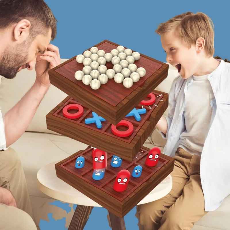 un père et son fils jouent aux jeux de stratégie familial on donne les dimensions des 3 jeux empilables
