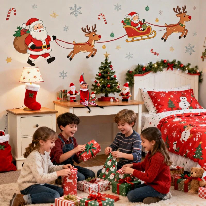 dans la chambre des enfants au décor festif de Noël lutin farceur participe au déballement des cadeaux du Père Noël