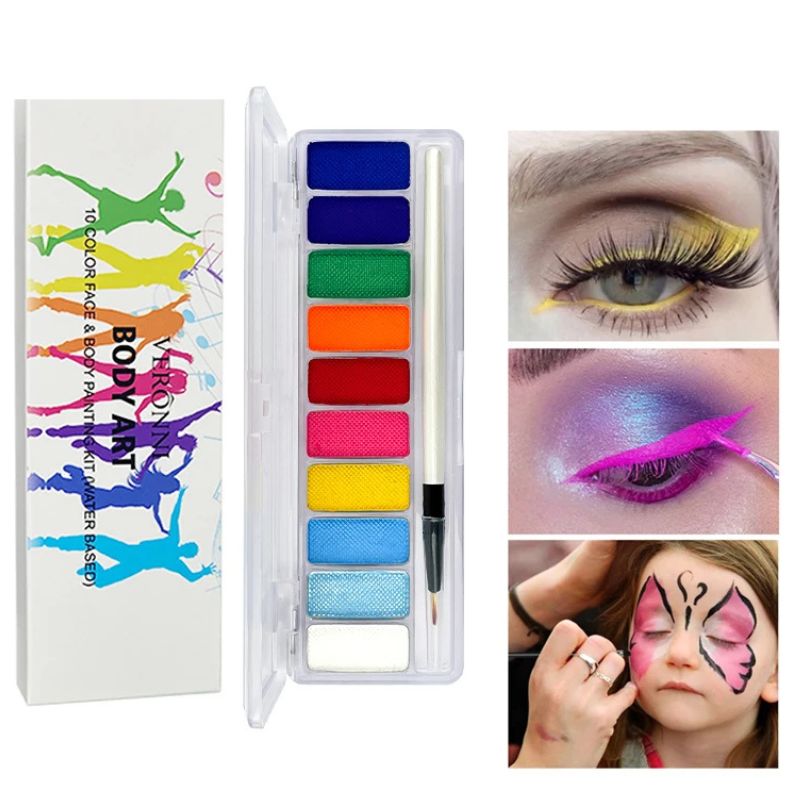 palette de maquillage avec option fluo sur certaines couleur sous les lumiĂšres s'applique au pinceau avec de l'eau