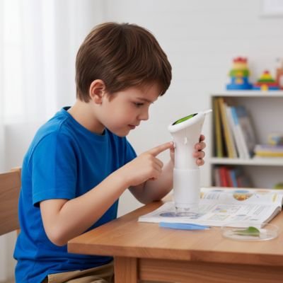 Microscope enfant un enfant partage ses découverte enregistrée dans son microscope de poche