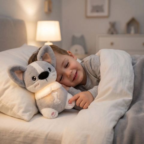 peluche bruit blanc, chien en peluche qui respire, bouge et allume son ventre pour rassurer et endormir le gamin.