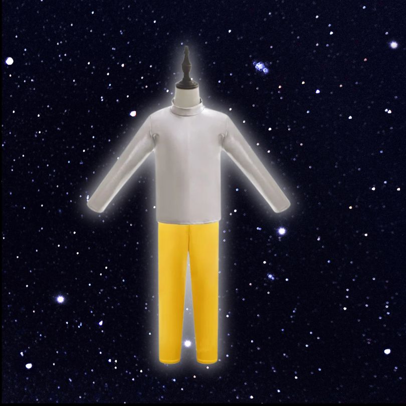 kit complémntaire pour le deguisement halloween enfant de robot avec pantalon jaune et chandail argenté brillant