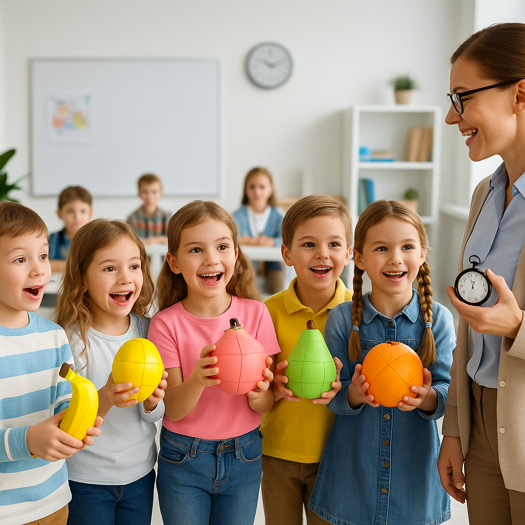 PUZZLE 3D:Une enseignante tient un chronomètre dans sa main pour minuter les enfant dans la course des Rubik's Fruits