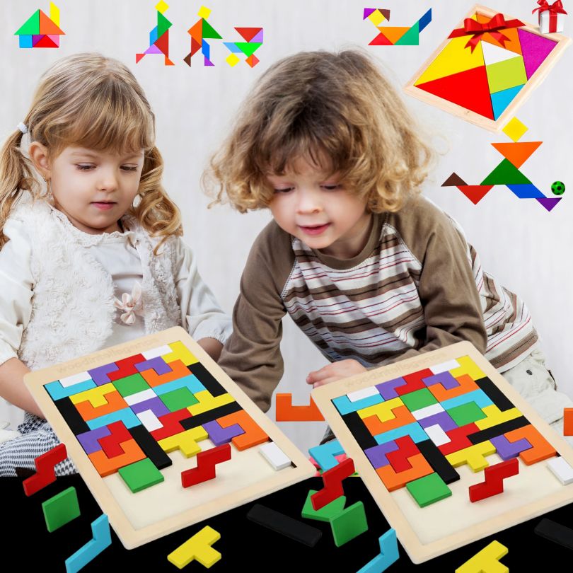 2 jeux de blocs puzzle bois en couleur au formes Tétris pour gagner un jeu de Tangram gratuit