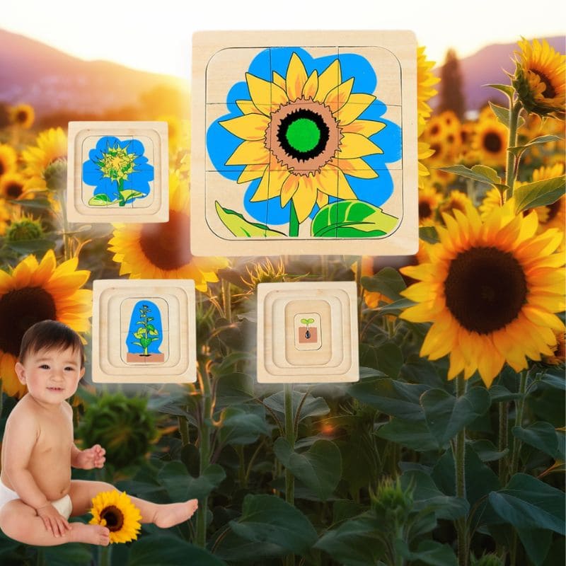 un bébé de 2ans et demi regarde le puzzle en bois 3D du cycle de vie d'un tournesol