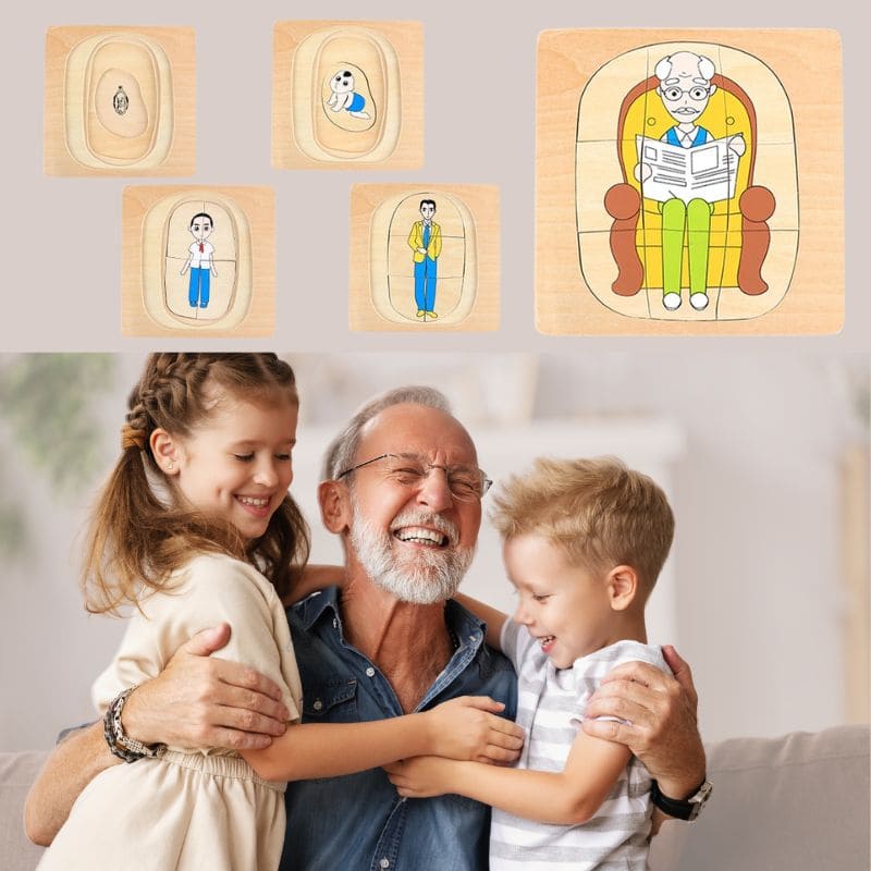 un grand-pĂšre est heureux de jouer avec ses petits enfants et leur puzzle en bois 3d sur le cycle de la vie