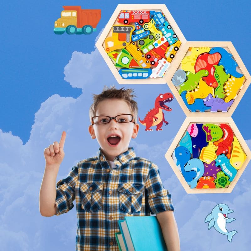 puzzle-en-bois-format-hexagonal-6-côtés-collection-3-casse-tête-Montessori-camions-dinosaures-océan