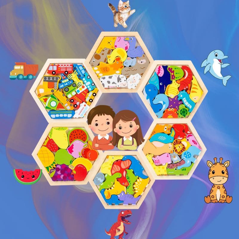 puzzle-en-bois-format-hexagonal-6-côtés-collection-complète-6-casse-tetes-Montessori